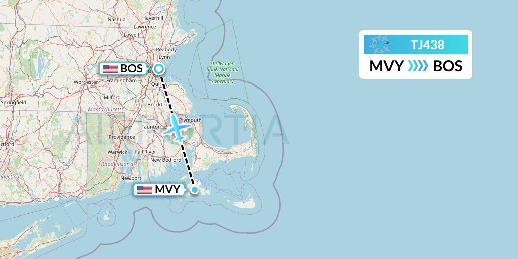 TJ438 Tradewind Aviation Flight Map: Martha's Vineyard to Boston