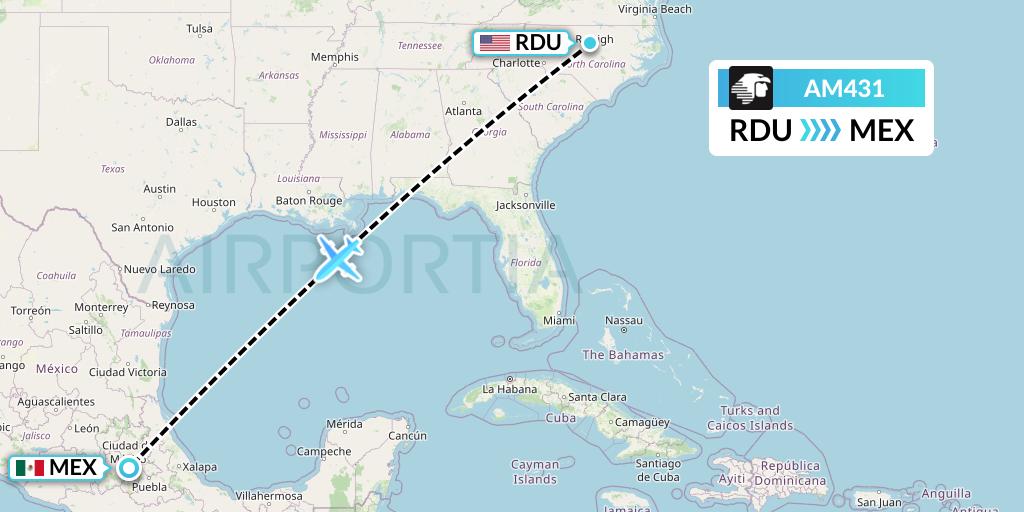 AM431 Aeromexico Flight Map: Raleigh-Durham to Mexico City