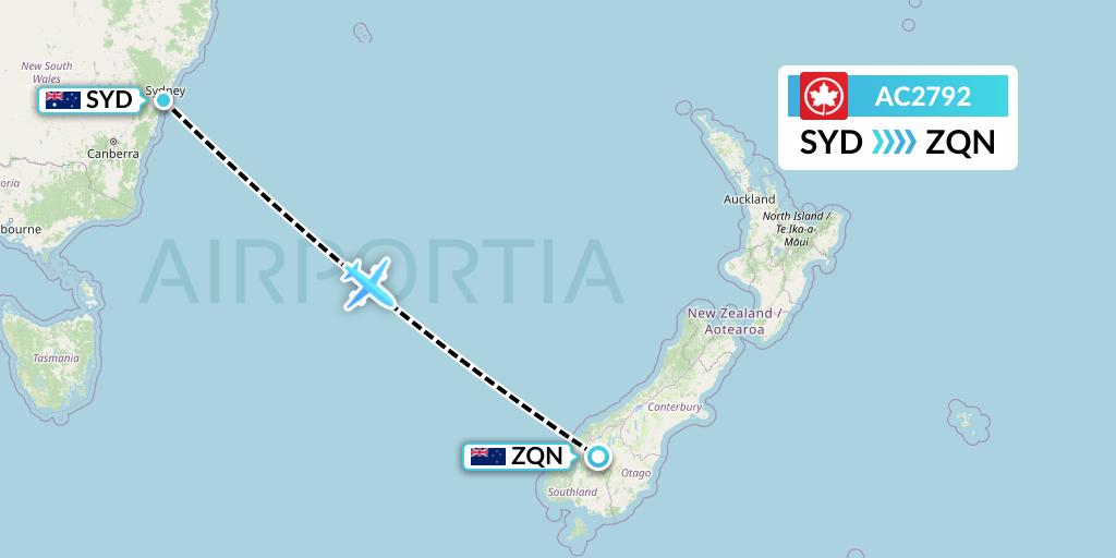 AC2792 Air Canada Flight Map: Sydney to Queenstown