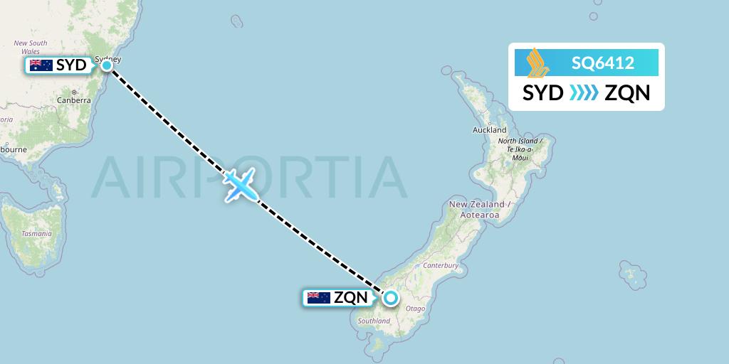 SQ6412 Singapore Airlines Flight Map: Sydney to Queenstown