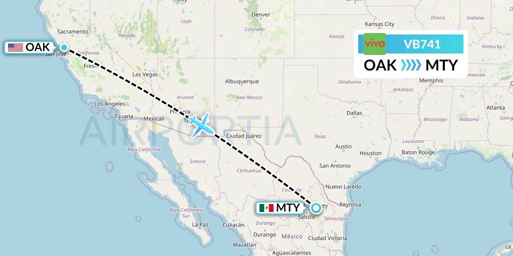 VB741 VivaAerobus Flight Map: Oakland to Monterrey