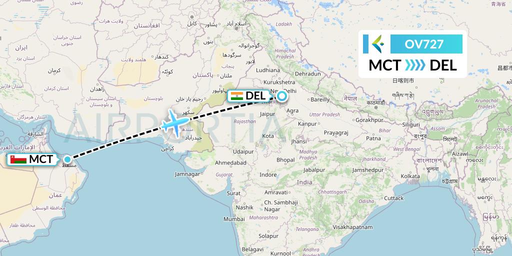 OV727 SalamAir Flight Map: Muscat to Delhi