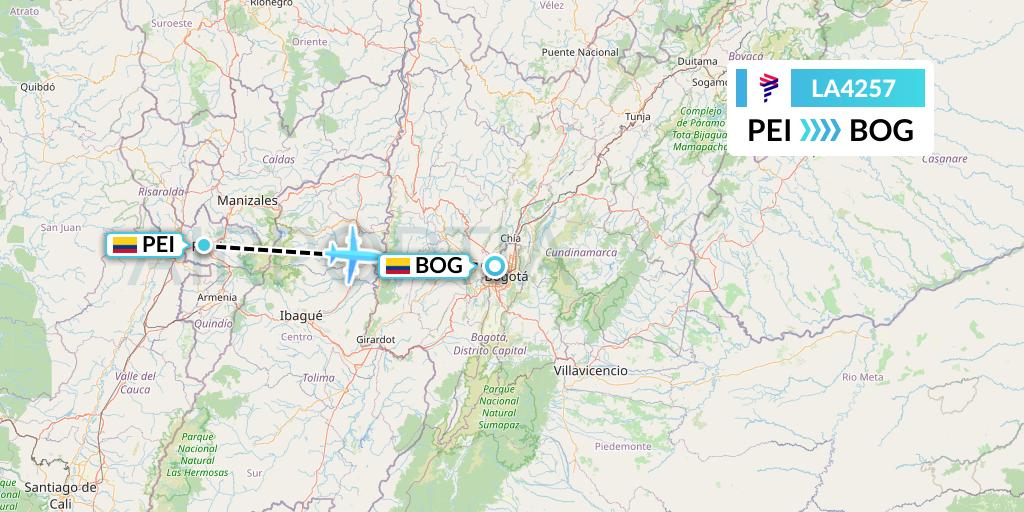 LA4257 LAN Airlines Flight Map: Pereira to Bogota