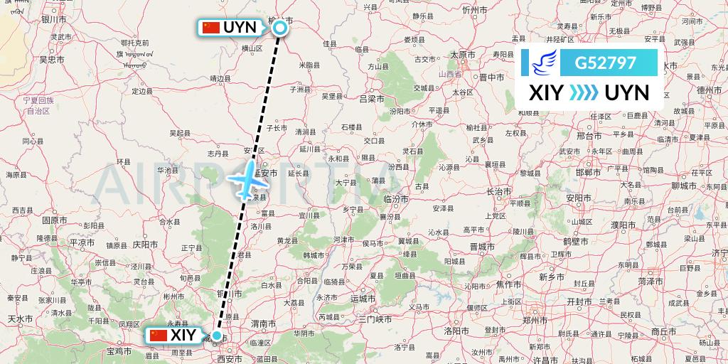 G52797 China Express Airlines Flight Map: Xi'an to Yulin