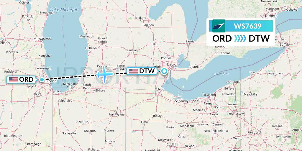 WS7639 WestJet Flight Map: Chicago to Detroit