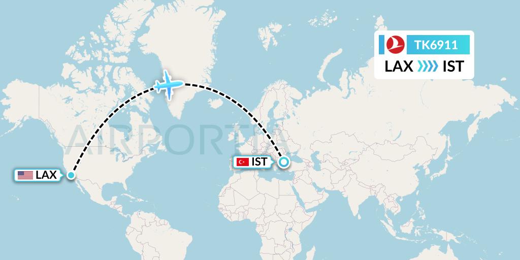 TK6911 Turkish Airlines Flight Map: Los Angeles to Istanbul