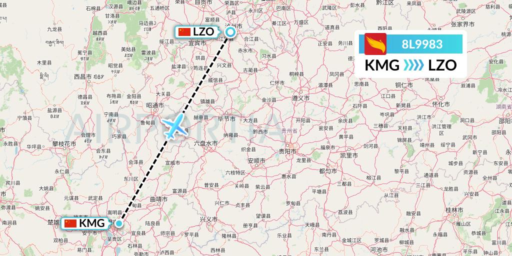 8L9983 Lucky Air Flight Map: Kunming to Luzhou