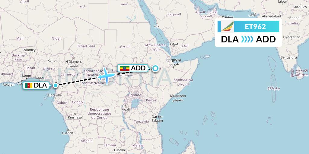 ET962 Ethiopian Airlines Flight Map: Douala to Addis Ababa