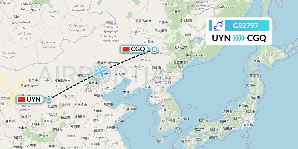 G52797 China Express Airlines Flight Map: Yulin to Changchun