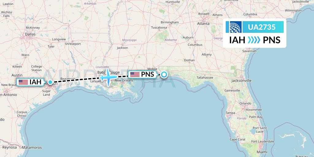 UA2735 United Airlines Flight Map: Houston to Pensacola
