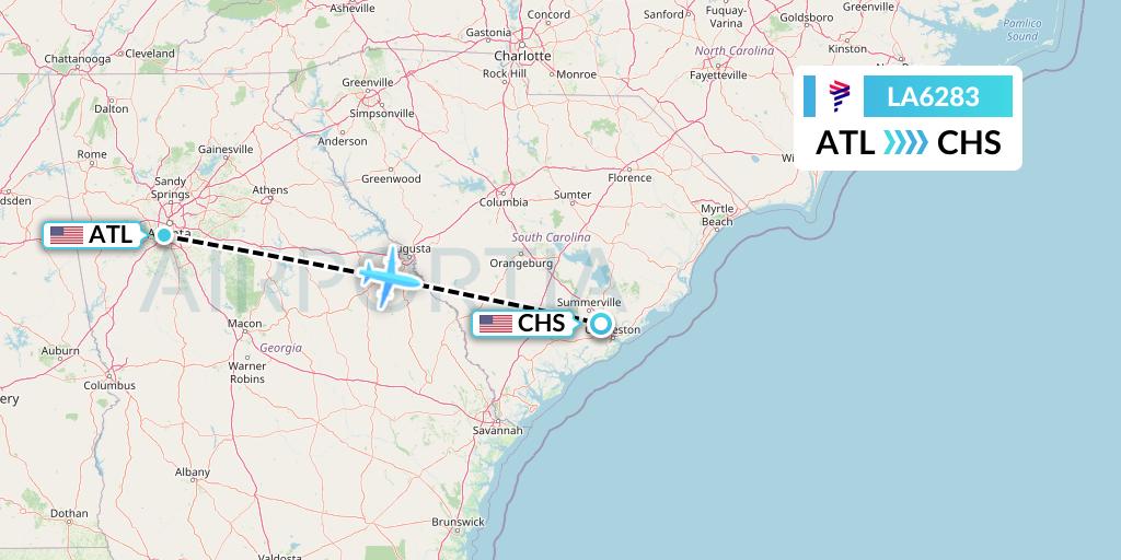 LA6283 LAN Airlines Flight Map: Atlanta to Charleston