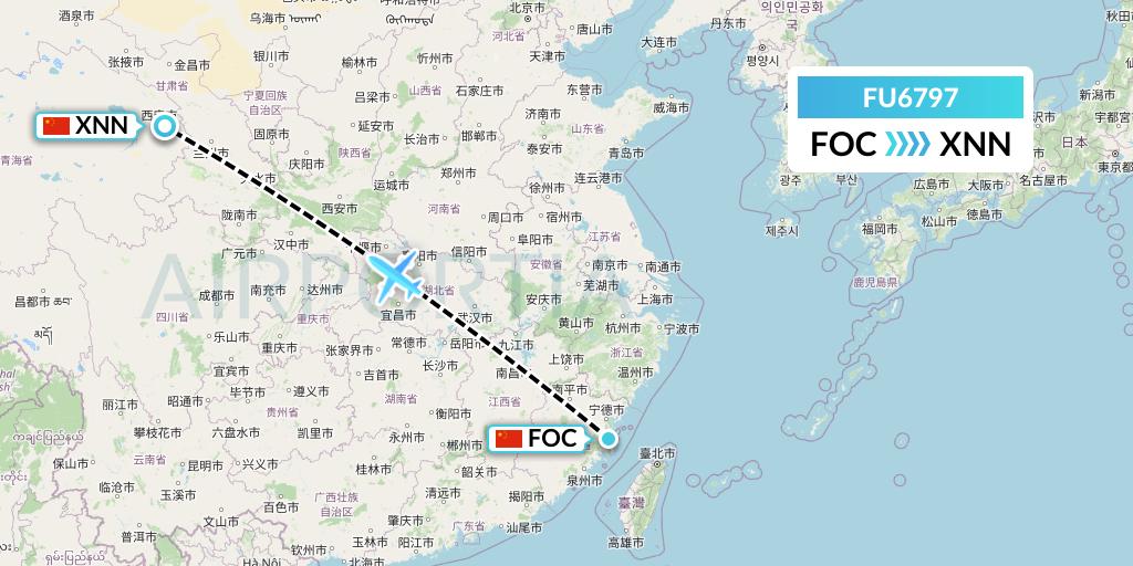 FU6797 Fuzhou Airlines Flight Map: Fuzhou to Xining
