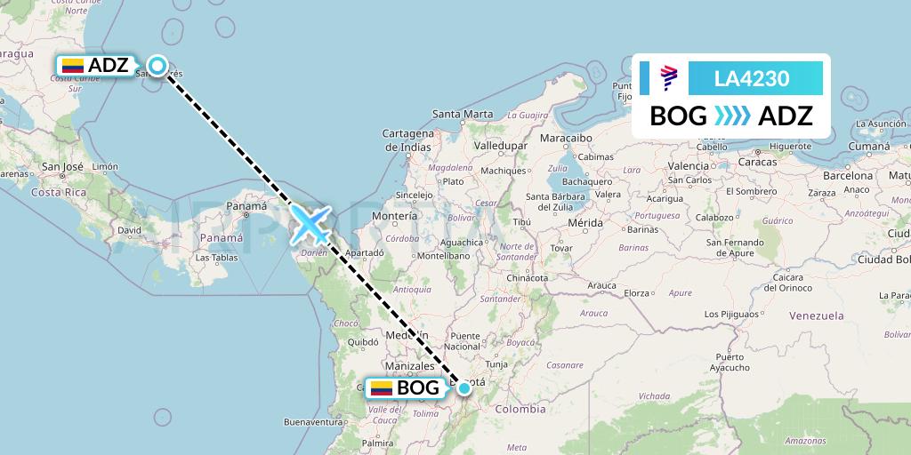 LA4230 LAN Airlines Flight Map: Bogota to San Andres Island