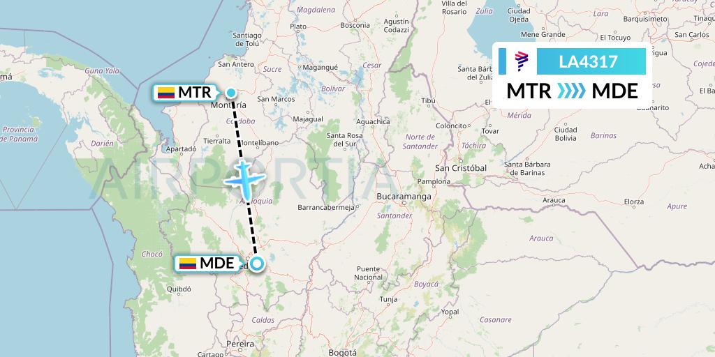LA4317 LAN Airlines Flight Map: Monteria to Medellin