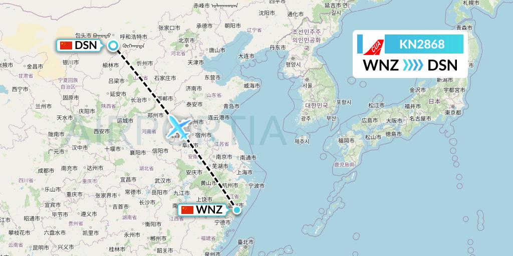 KN2868 China United Airlines Flight Map: Wenzhou to Dongsheng