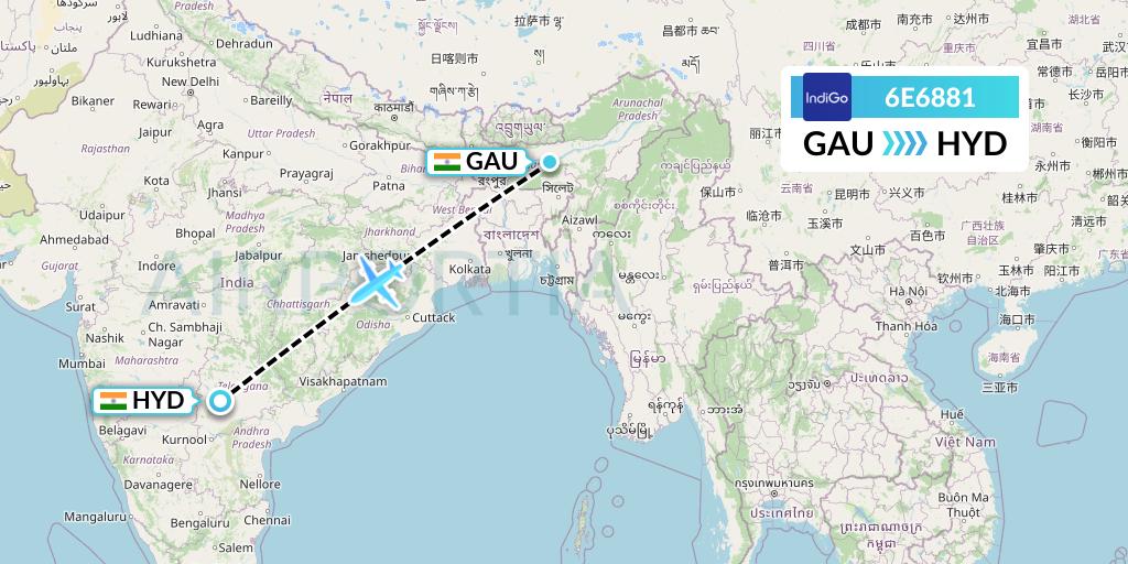 6E6881 IndiGo Airlines Flight Map: Guwahati to Hyderabad