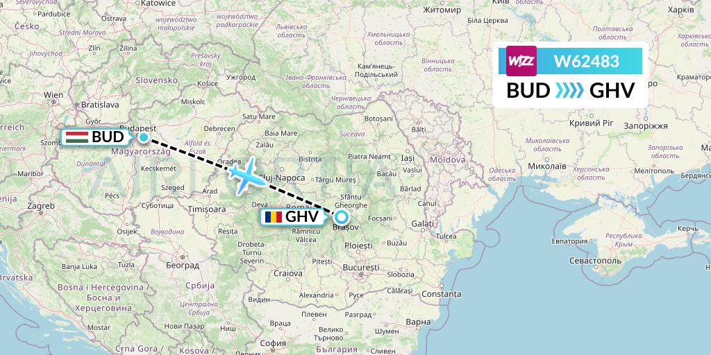 W62483 Wizz Air Flight Map: Budapest to Brasov