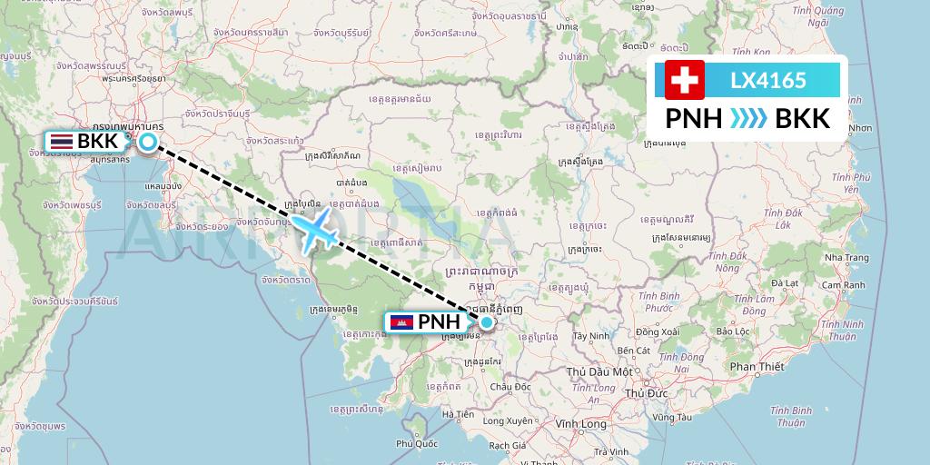 LX4165 Swiss Flight Map: Phnom Penh to Bangkok
