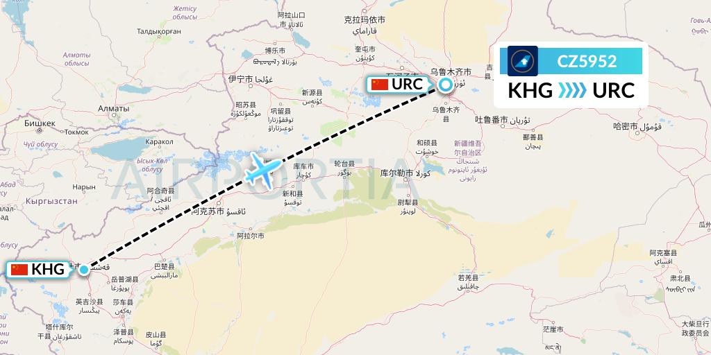 CZ5952 China Southern Airlines Flight Map: Kashgar to Urumqi