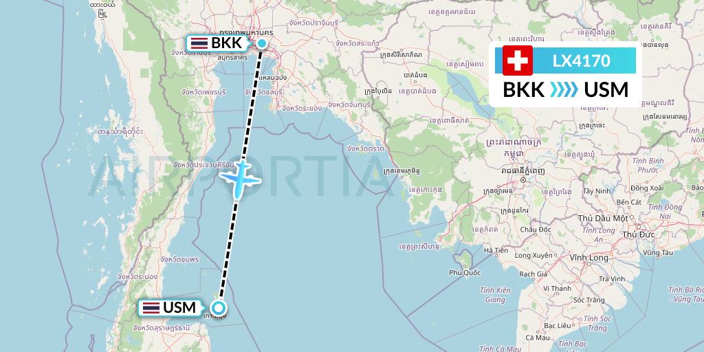 LX4170 Swiss Flight Map: Bangkok to Koh Samui