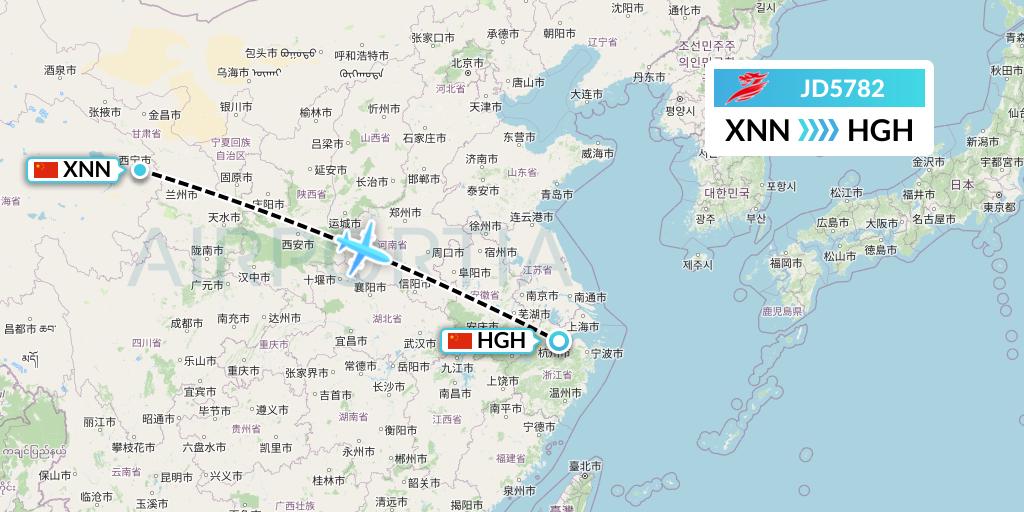 JD5782 Capital Airlines Flight Map: Xining to Hangzhou