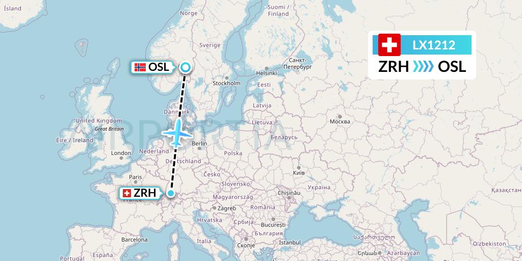 LX1212 Swiss Flight Map: Zurich to Oslo