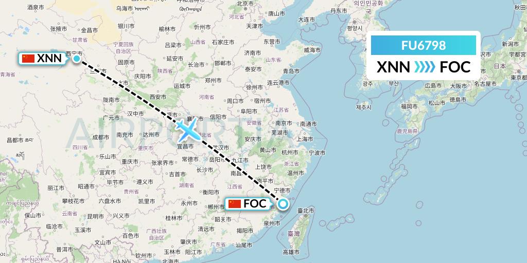 FU6798 Fuzhou Airlines Flight Map: Xining to Fuzhou