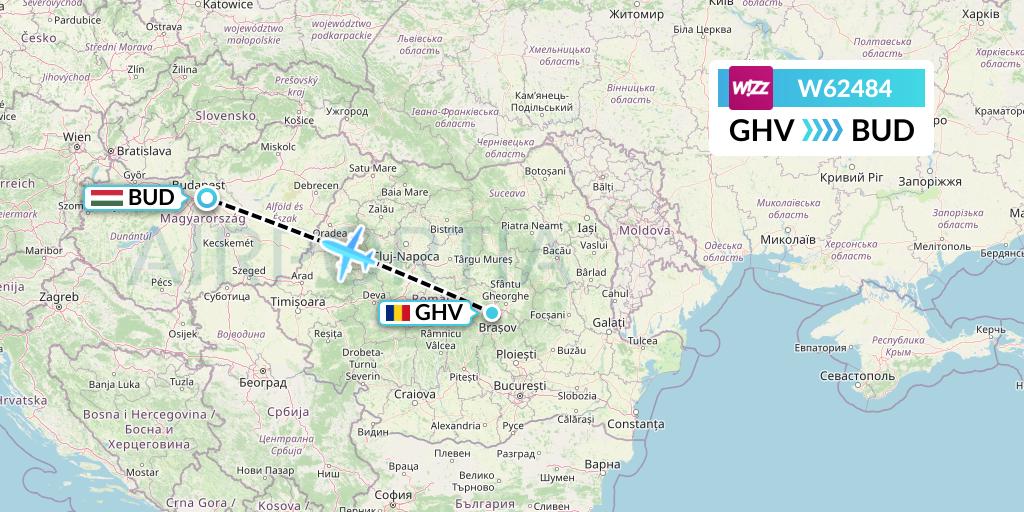 W62484 Wizz Air Flight Map: Brasov to Budapest