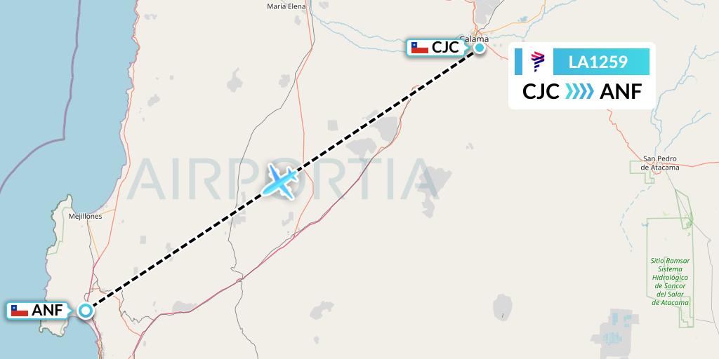 LA1259 LAN Airlines Flight Map: Calama to Antofagasta