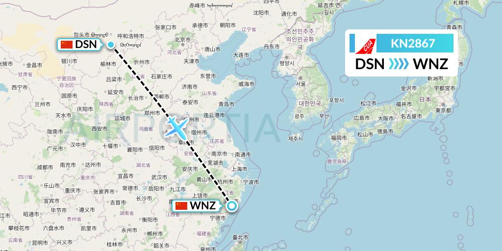 KN2867 China United Airlines Flight Map: Dongsheng to Wenzhou