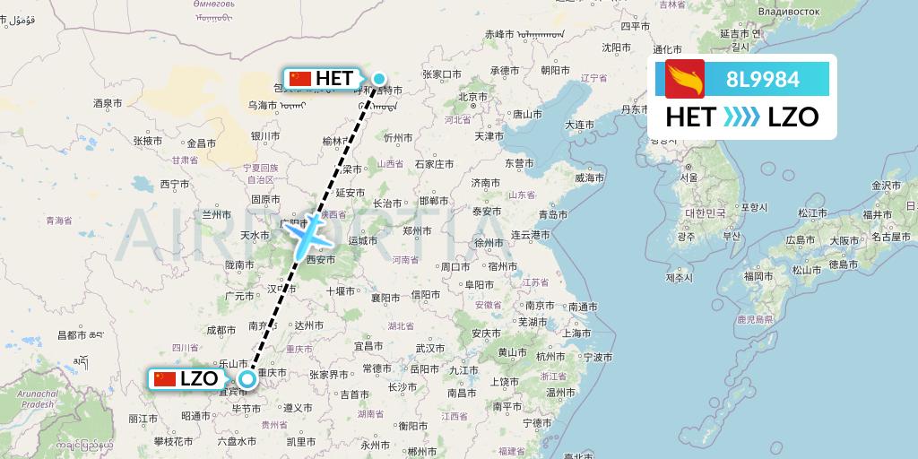 8L9984 Lucky Air Flight Map: Hohhot to Luzhou