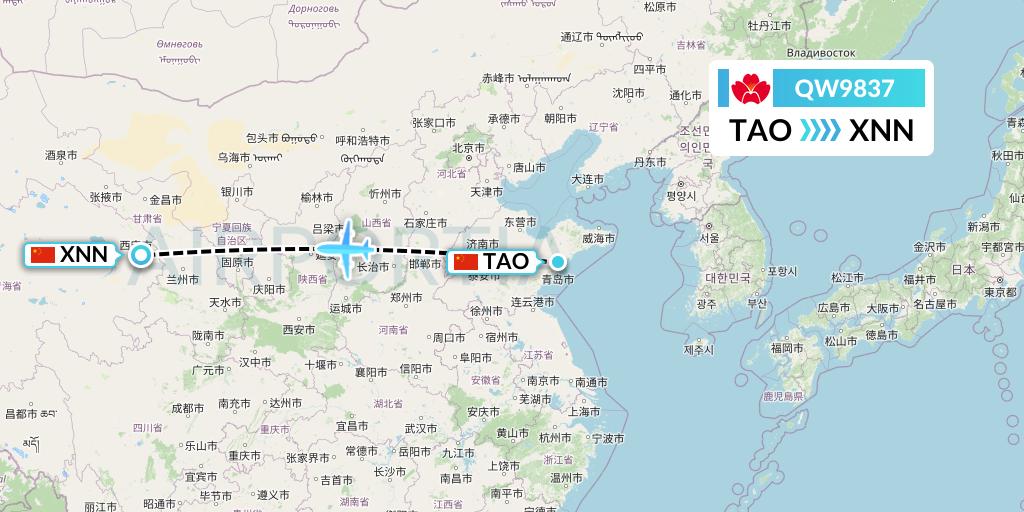 QW9837 Qingdao Airlines Flight Map: Qingdao to Xining
