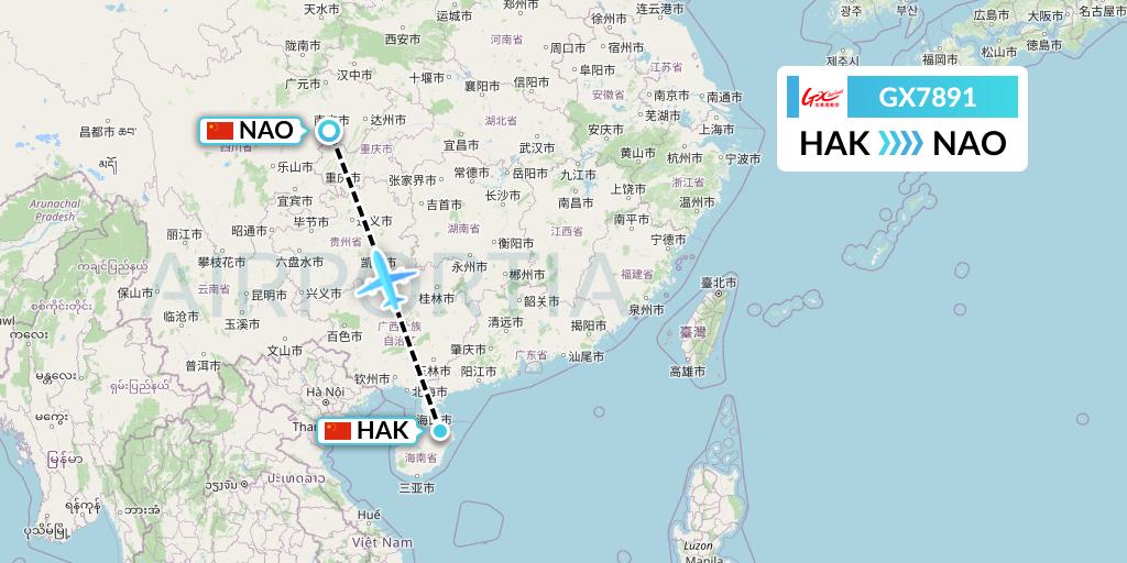 GX7891 GX Airlines Flight Map: Haikou to Nanchong