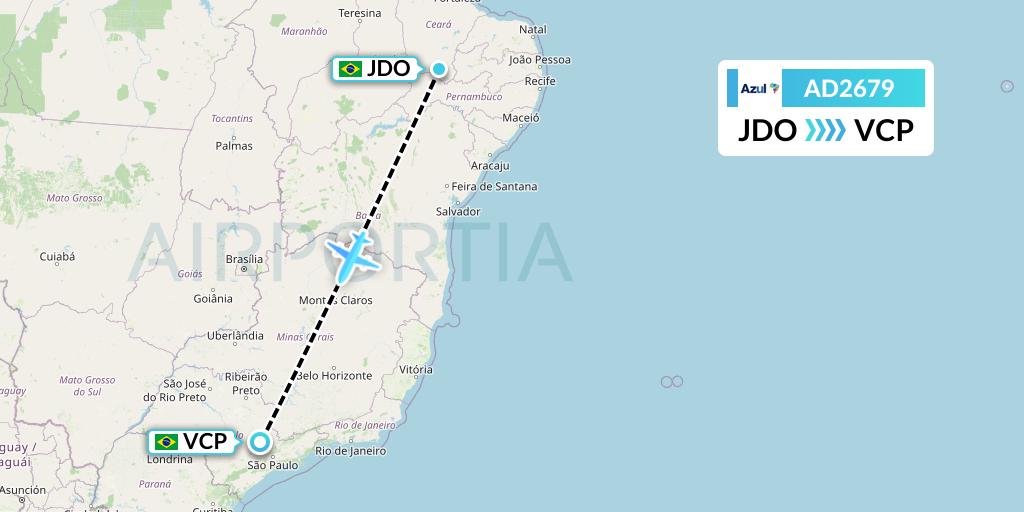 AD2679 Azul Brazilian Airlines Flight Map: Juazeiro Do Norte to Campinas