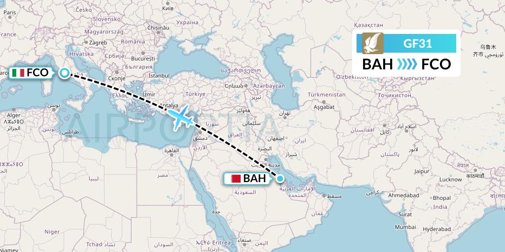 GF31 Gulf Air Flight Map: Bahrain to Rome