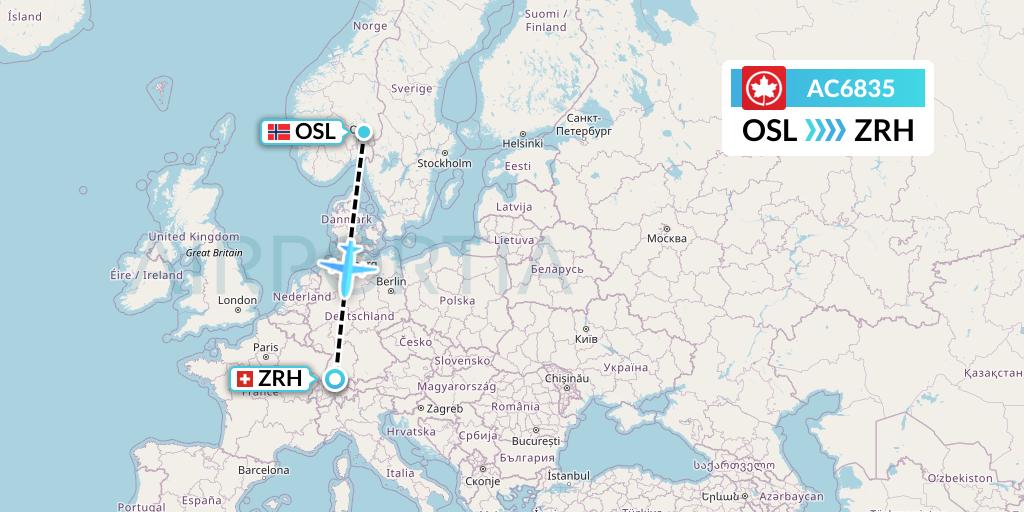 AC6835 Air Canada Flight Map: Oslo to Zurich