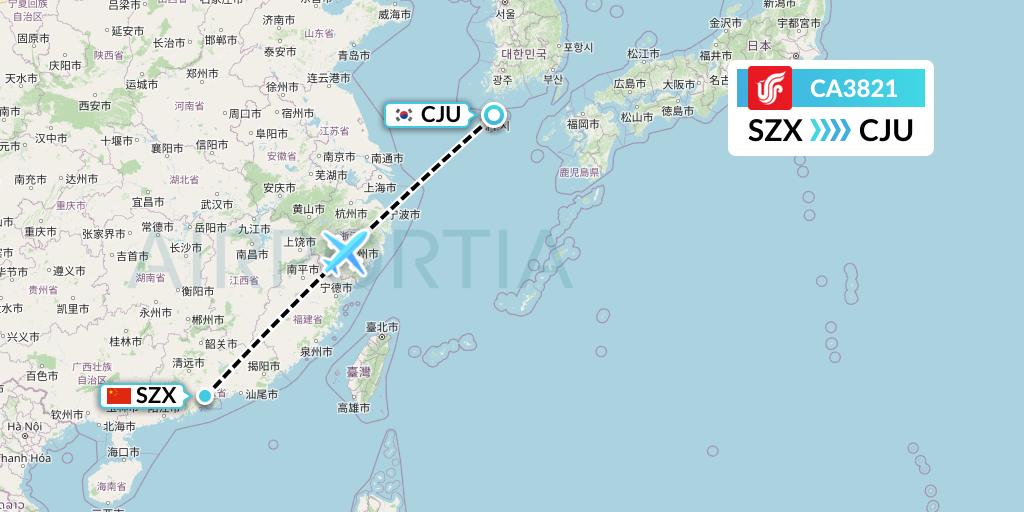 CA3821 Air China Flight Map: Shenzhen to Jeju