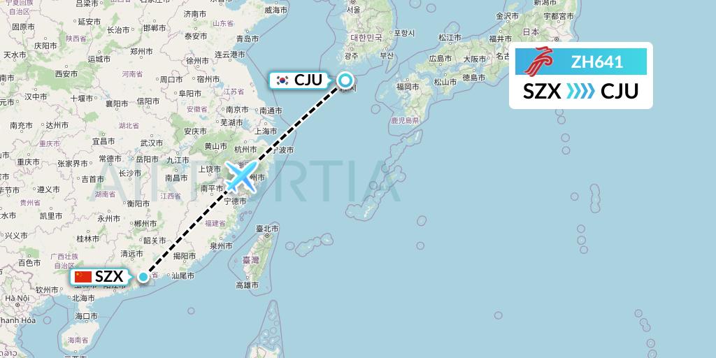 ZH641 Shenzhen Airlines Flight Map: Shenzhen to Jeju