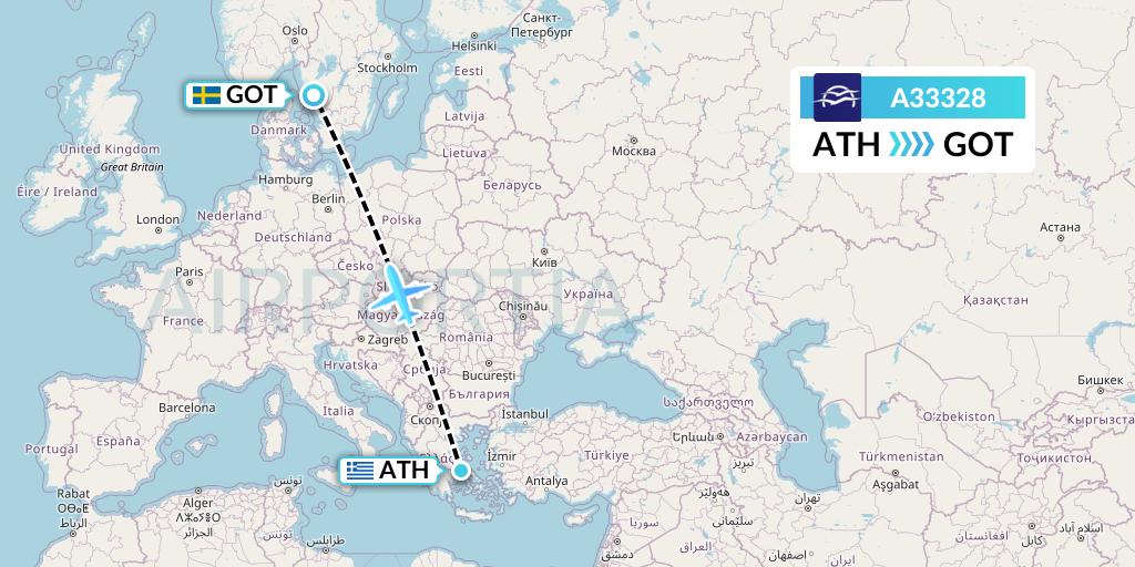 A33328 Aegean Airlines Flight Map: Athens to Gothenburg