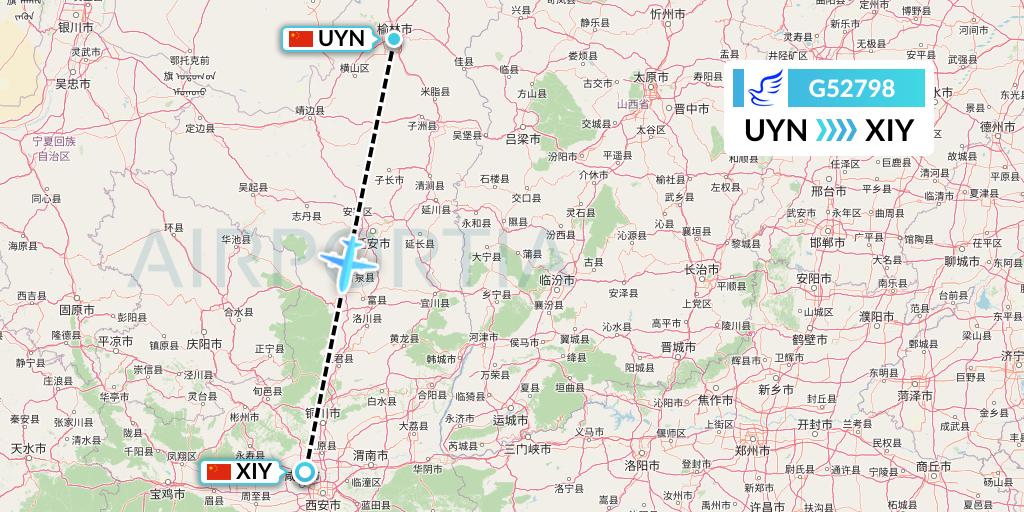 G52798 China Express Airlines Flight Map: Yulin to Xi'an
