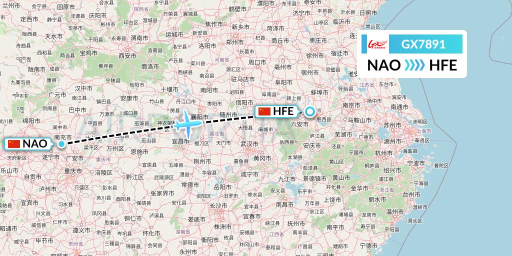GX7891 GX Airlines Flight Map: Nanchong to Hefei