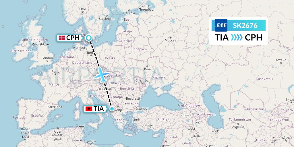 SK2676 SAS Flight Map: Tirana to Copenhagen
