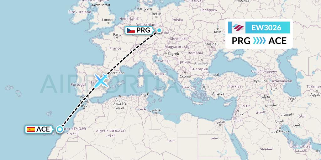 EW3026 Eurowings Flight Map: Prague to Lanzarote