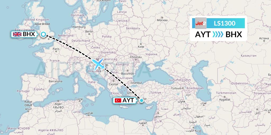 LS1300 Jet2 Flight Map: Antalya to Birmingham