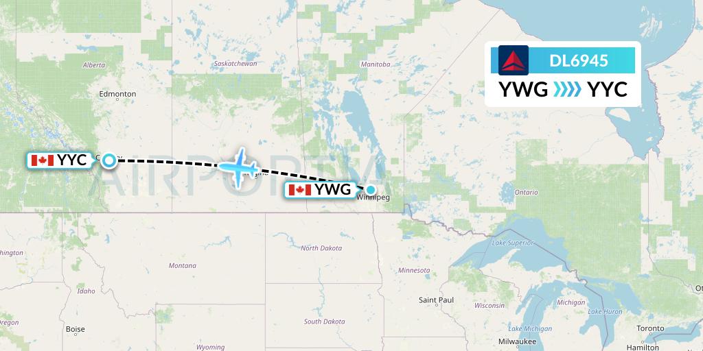 DL6945 Delta Air Lines Flight Map: Winnipeg to Calgary