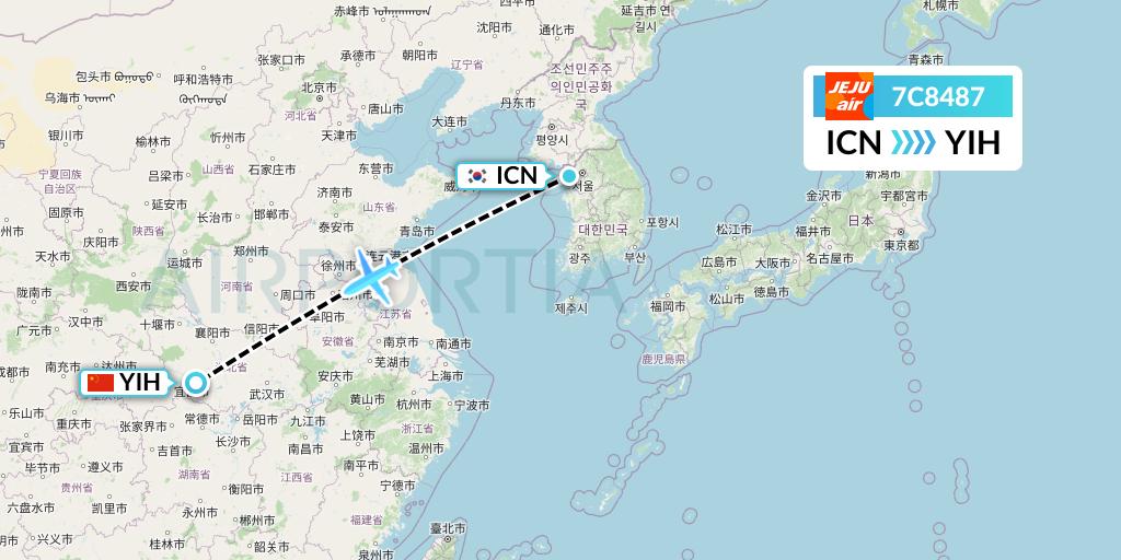 7C8487 Jeju Air Flight Map: Seoul to Yichang