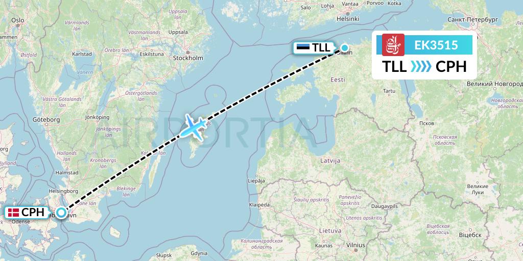 EK3515 Emirates Flight Map: Tallinn to Copenhagen