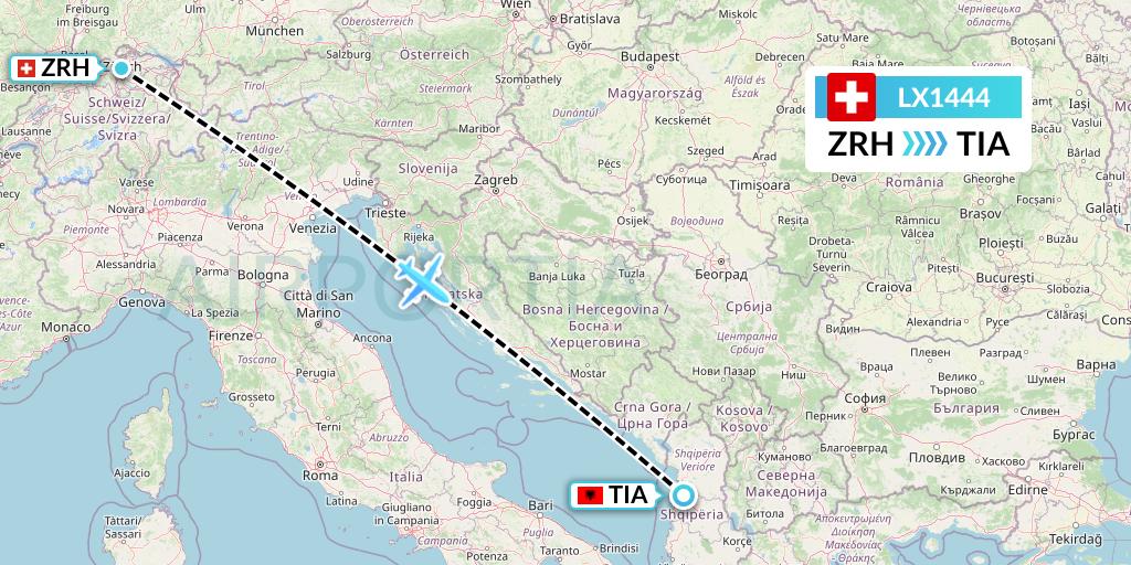 LX1444 Swiss Flight Map: Zurich to Tirana