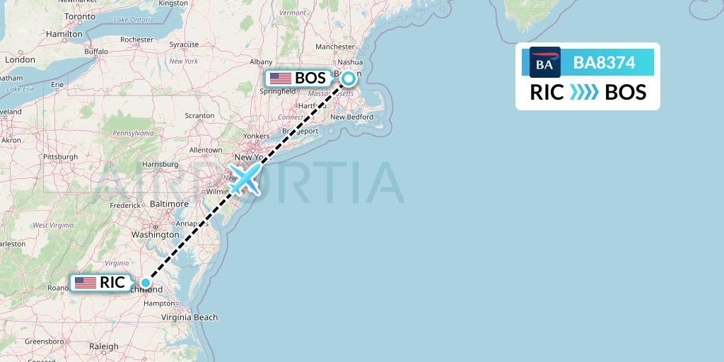 BA8374 British Airways Flight Map: Richmond to Boston