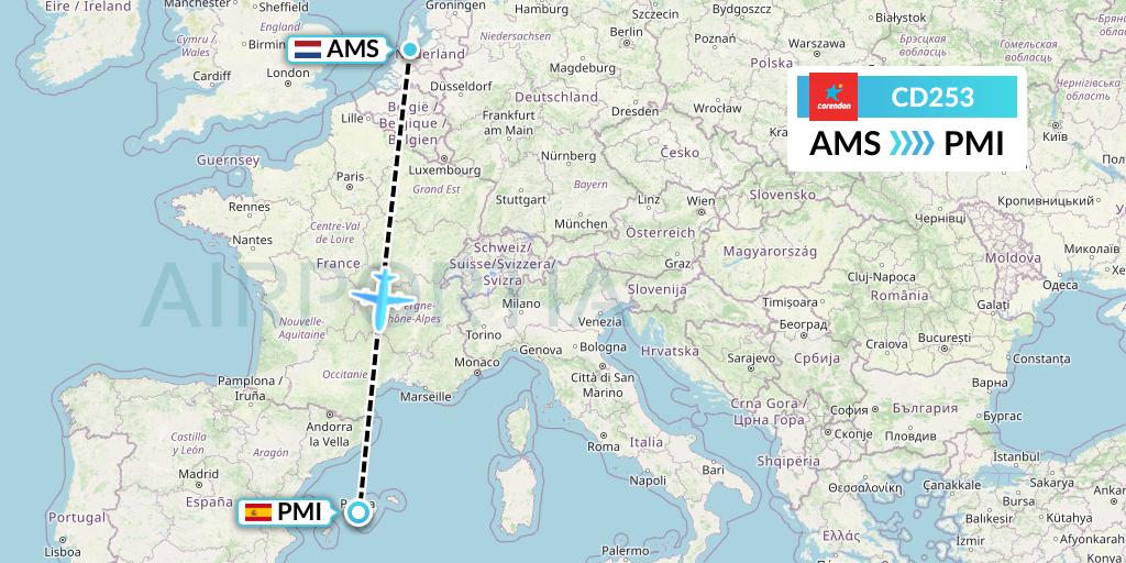 CD253 Dutch Corendon Airlines Flight Map: Amsterdam to Palma de Mallorca